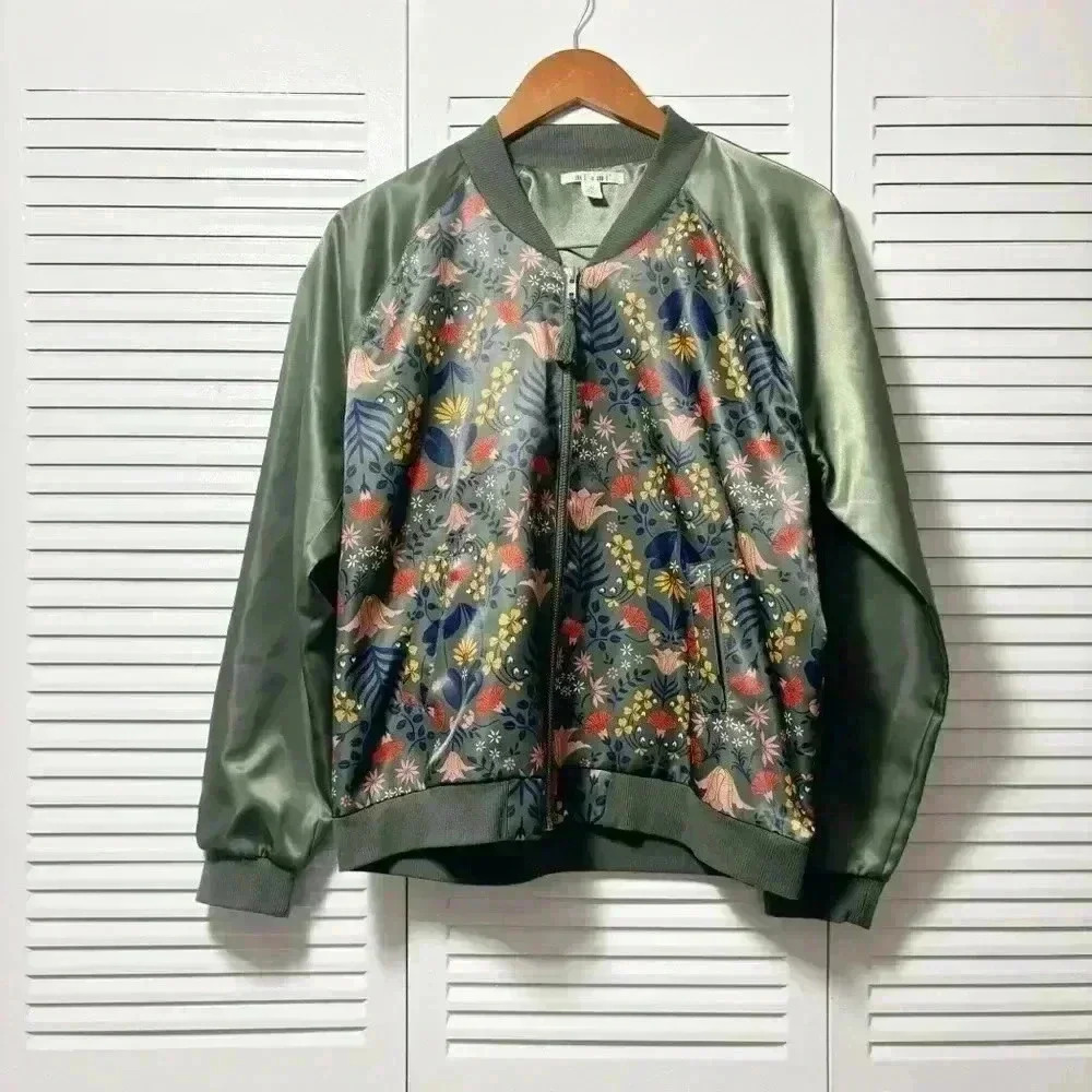 miami Olive Green Floral Satin Bomber Jacket